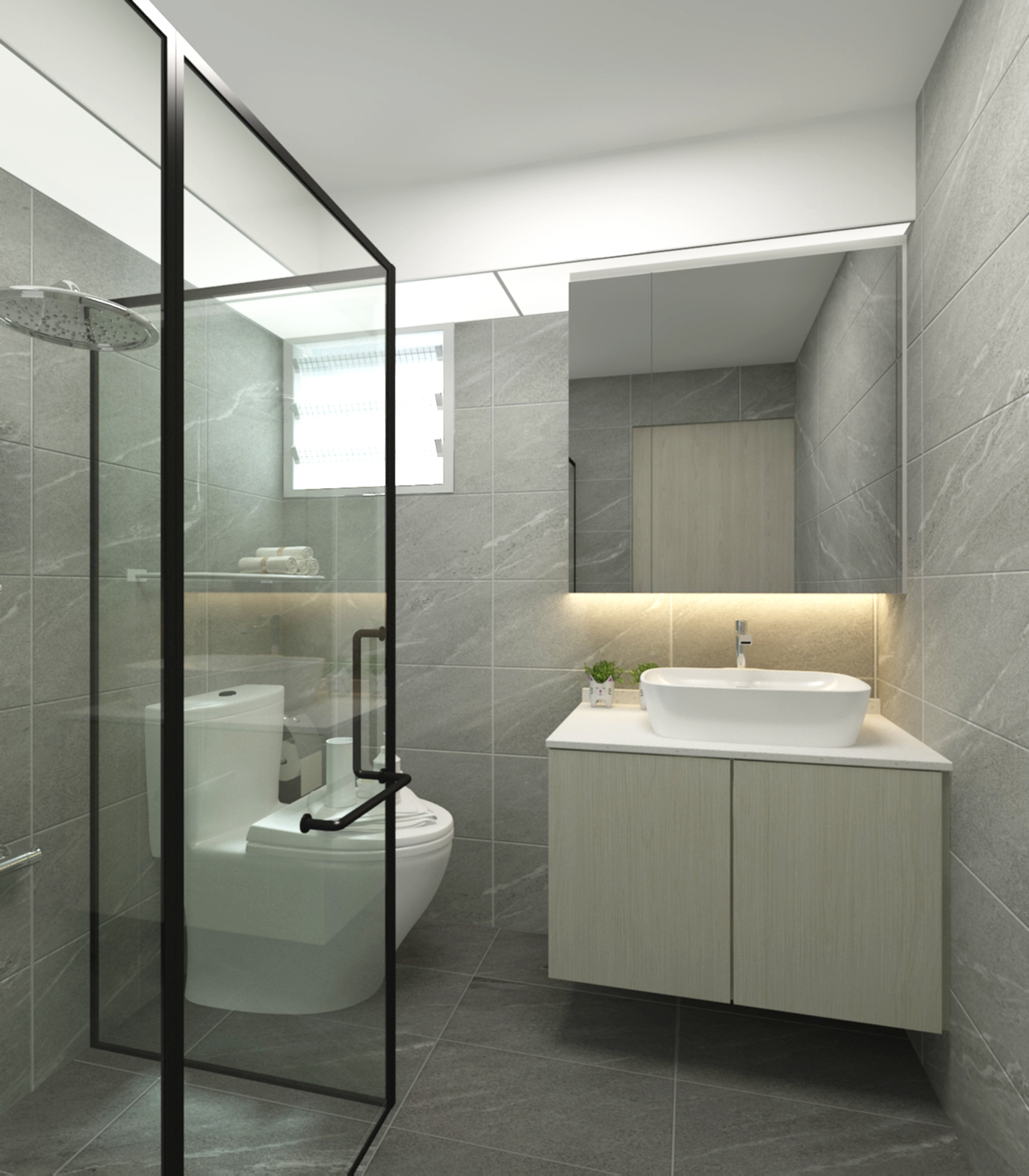Modern bathroom with grey marble-look tiles, frameless glass shower screen, and wall-mounted vanity in Sumang Lane BTO